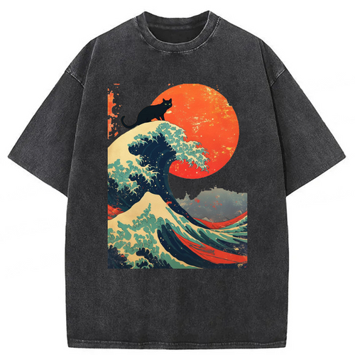Black Cat Wave Washed T-shirt