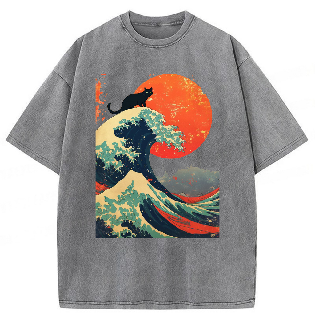 bbb Black Cat Wave Washed T-shirt