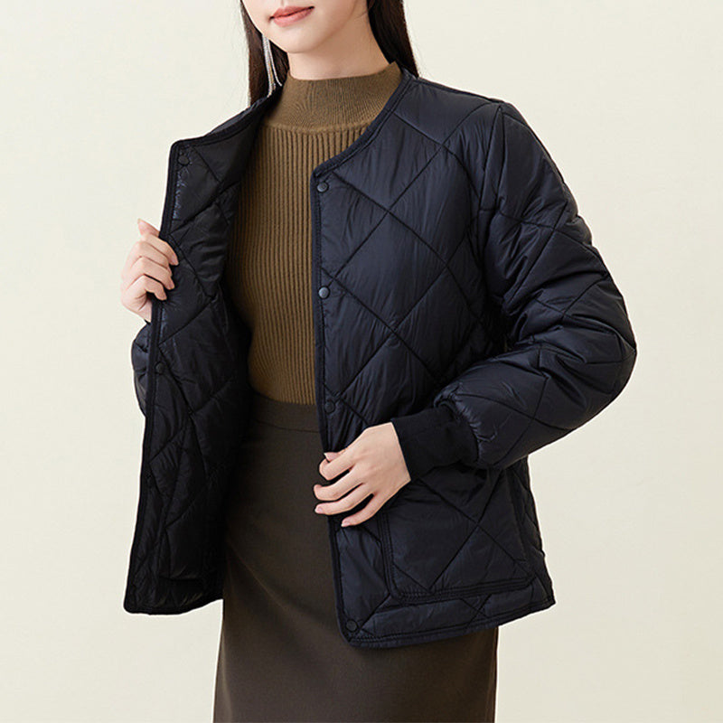 Lightweight Women's Quilted Coat - Relaxed Round Neck Nylon