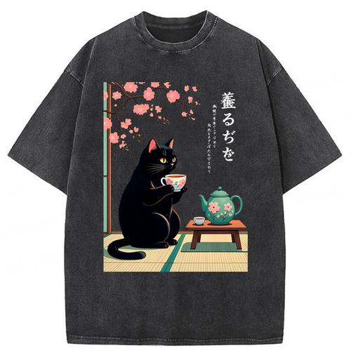 Black Cat Tea Washed T-shirt