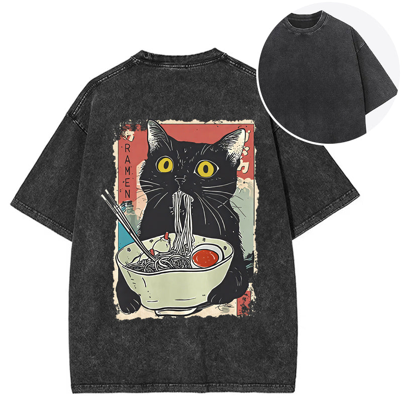 bbb Cute Cat Eating Ramen Back Washed T-Shirt