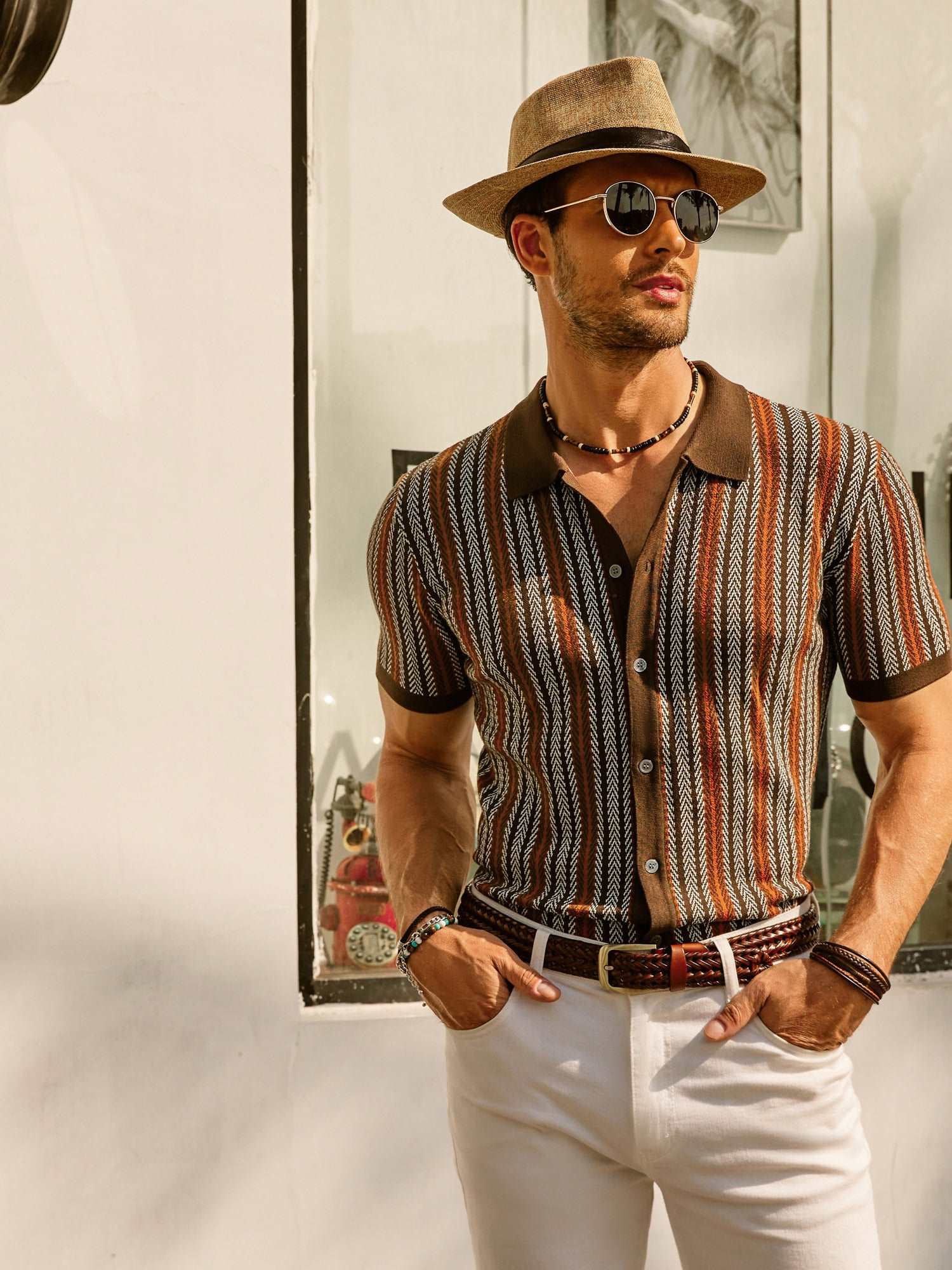 Retro Striped Polo Shirt for Men, Short Sleeve, Breathable Fabric, Vintage Style, Comfortable Fit