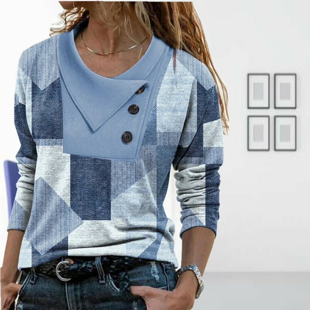 Geometric Print Casual Blouse in Cotton-Polyester Blend, Full Sleeve, Button Collar for Spring and Autumn Wear