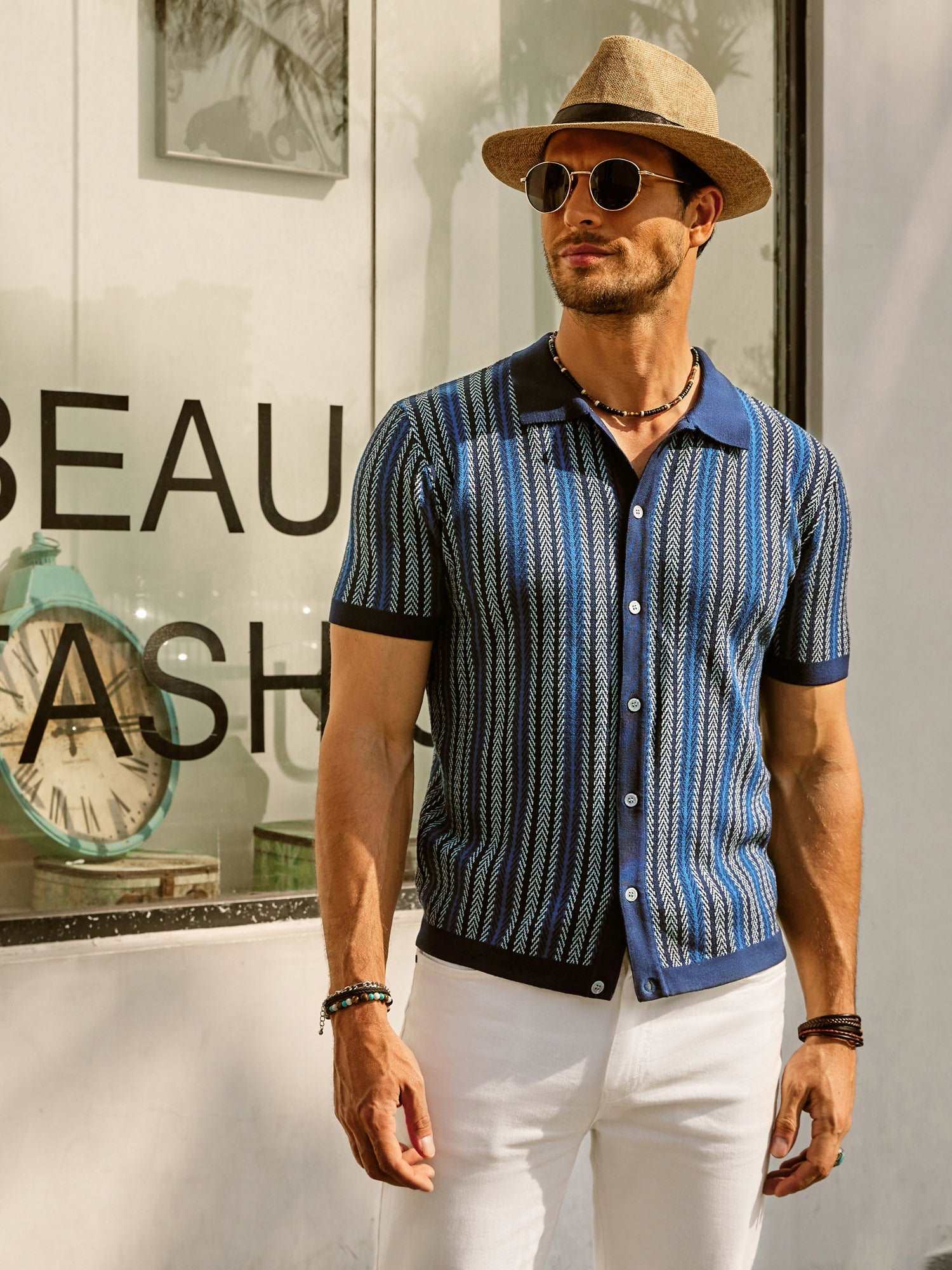 Retro Striped Polo Shirt for Men, Short Sleeve, Breathable Fabric, Vintage Style, Comfortable Fit