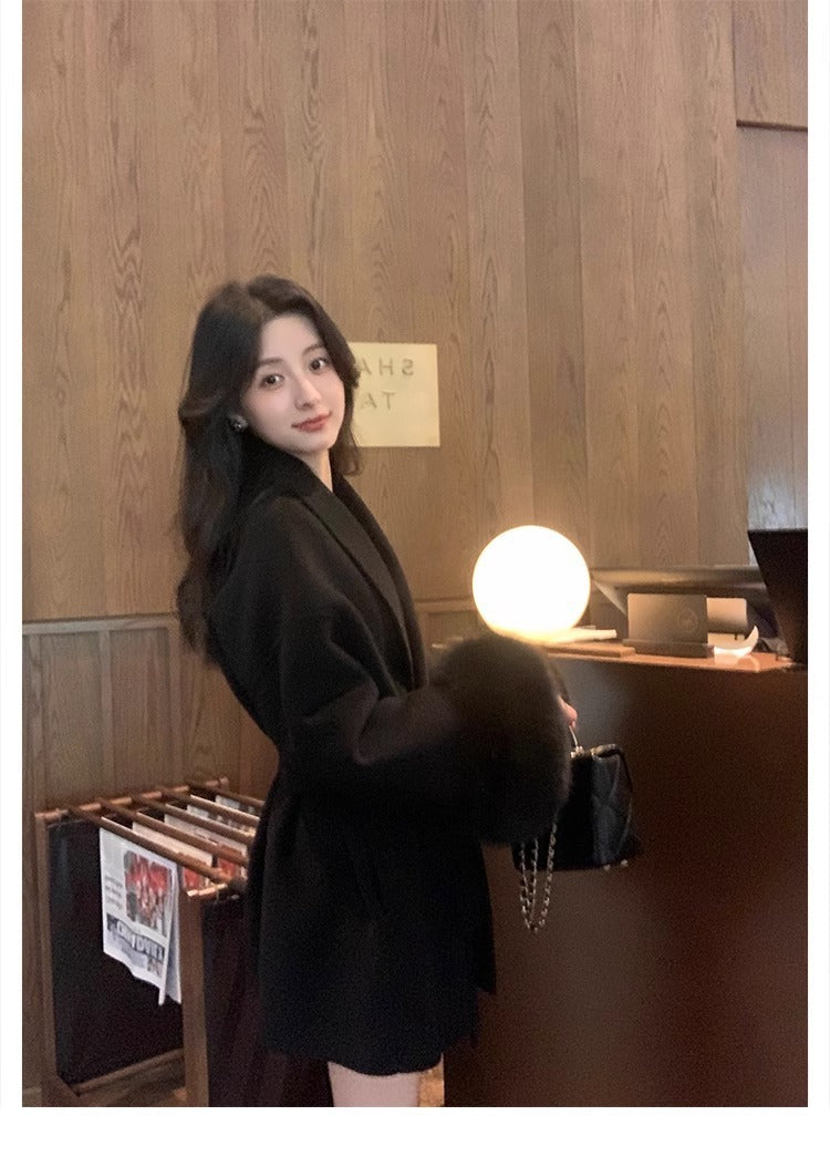 Warm Women’s Long Coat - Shawl Collar, Wool, For Winter