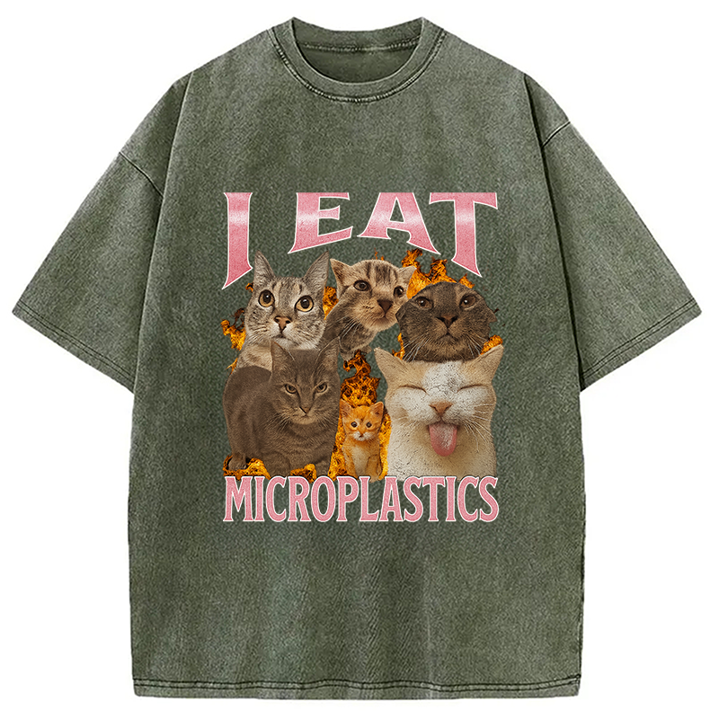 bbb I Eat Microplastics Funny Cat Meme Washed T-Shirt