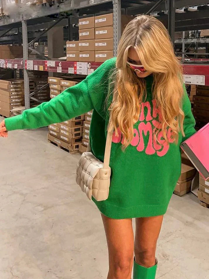 Oversized Women’s Pullover - Graphic Sleeve, Knit, Everyday