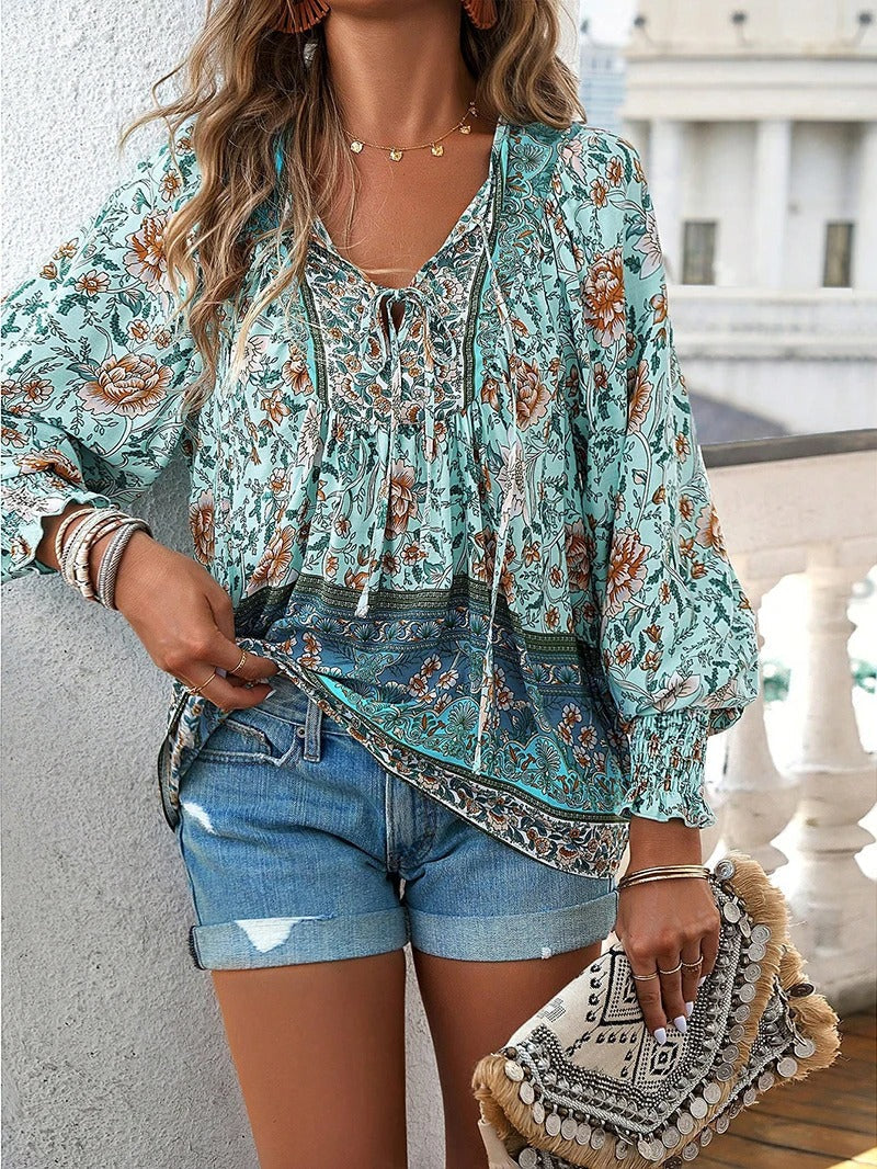 Summer Floral Blouse for Women, Lightweight Cotton Top with Adjustable Fit and Boho Design, Perfect for Casual Outings