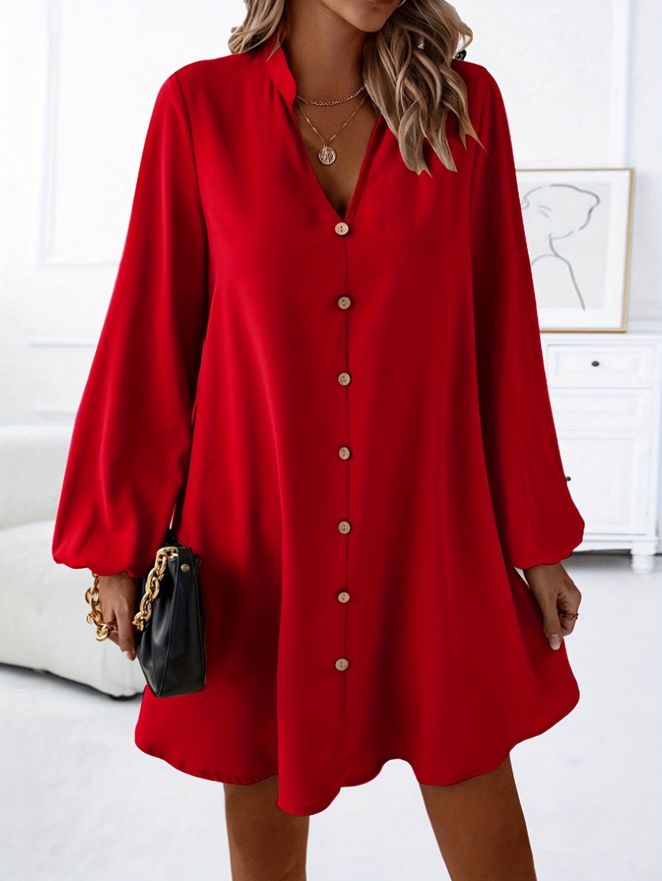 Airy Casual V-Neck Long Sleeve Dress for Women, Loose Fit Summer Midi Dress in Multiple Colors