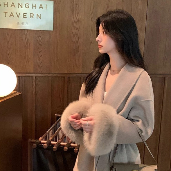 Warm Women’s Long Coat - Shawl Collar, Wool, For Winter