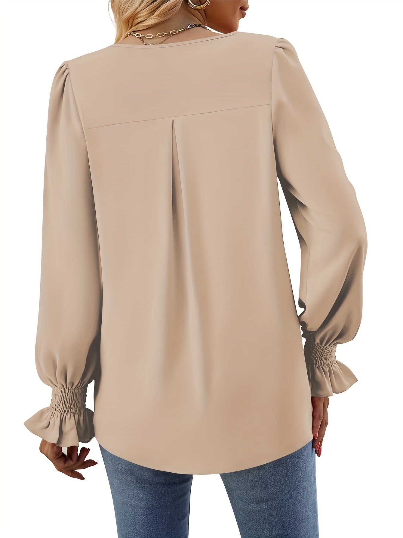 Elegant Women's Blouse in Solid Color, Lightweight Polyester V-Neck Top for Spring and Autumn Styling