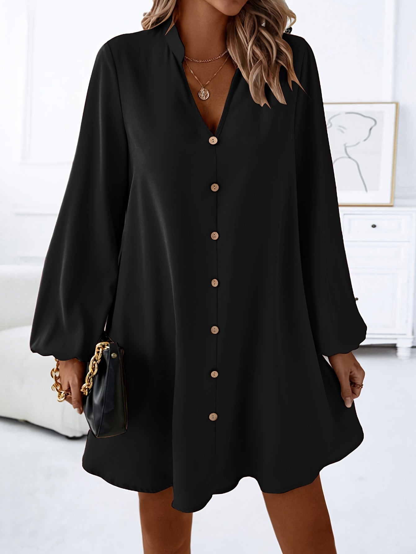 Airy Casual V-Neck Long Sleeve Dress for Women, Loose Fit Summer Midi Dress in Multiple Colors