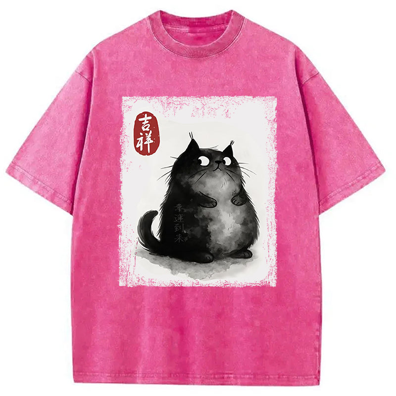 bbb Auspicious Fluffy Black Cat Washed T-Shirt
