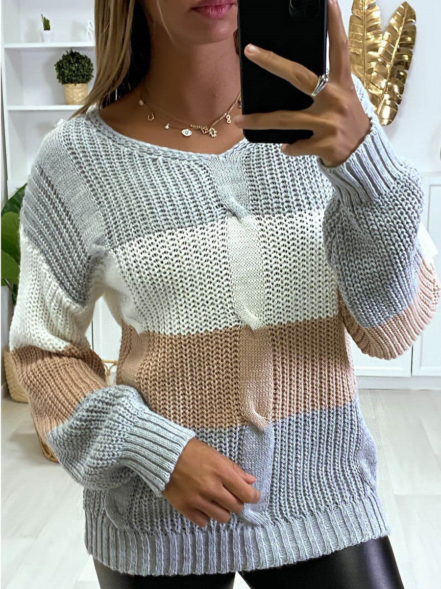 Soft Flattering Women V Neck Sweater - Colorblock Knit