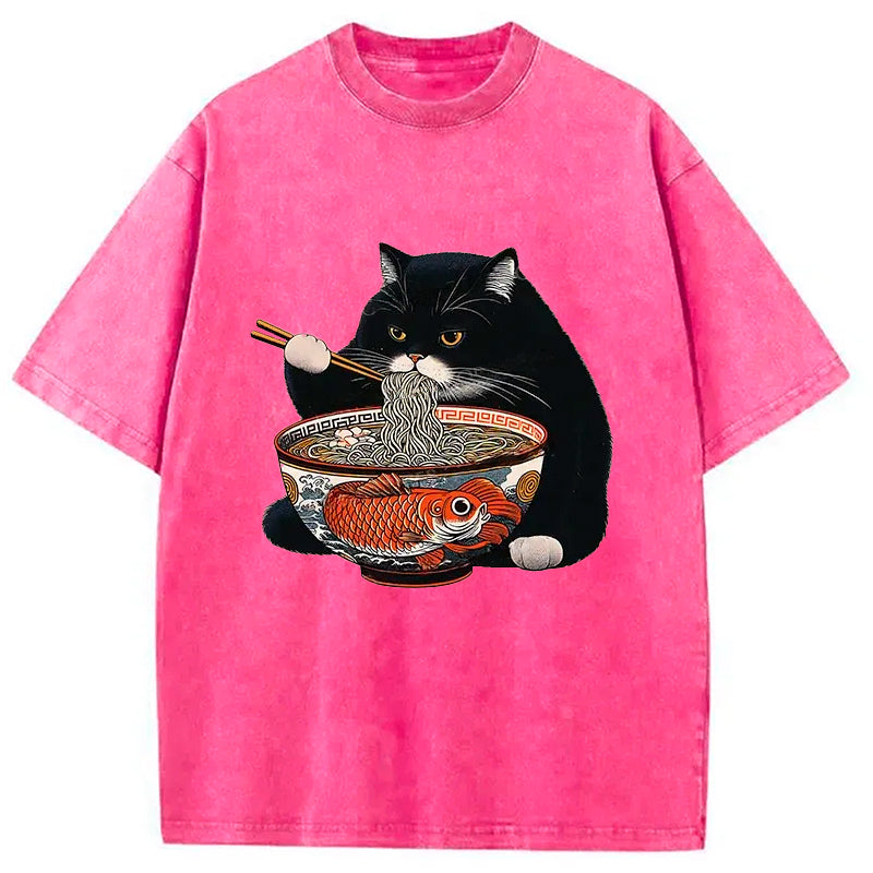 bbb Fat Cat Eating Ramen Washed T-Shirt