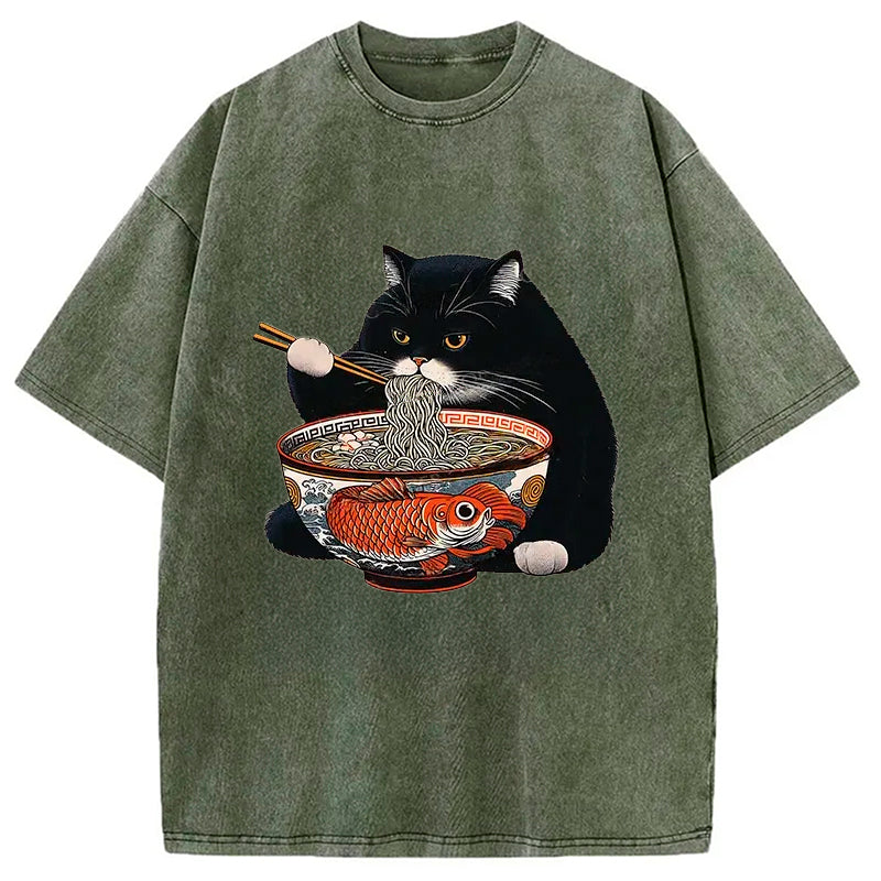 bbb Fat Cat Eating Ramen Washed T-Shirt