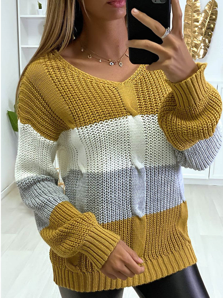 Weicher, schmeichelhafter Damenpullover mit V-Ausschnitt – Colorblock-Strick