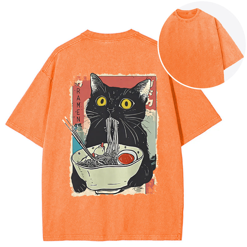 bbb Cute Cat Eating Ramen Back Washed T-Shirt