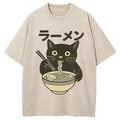 bbb Simple Black Cat Eating Ramen Washed T-Shirt