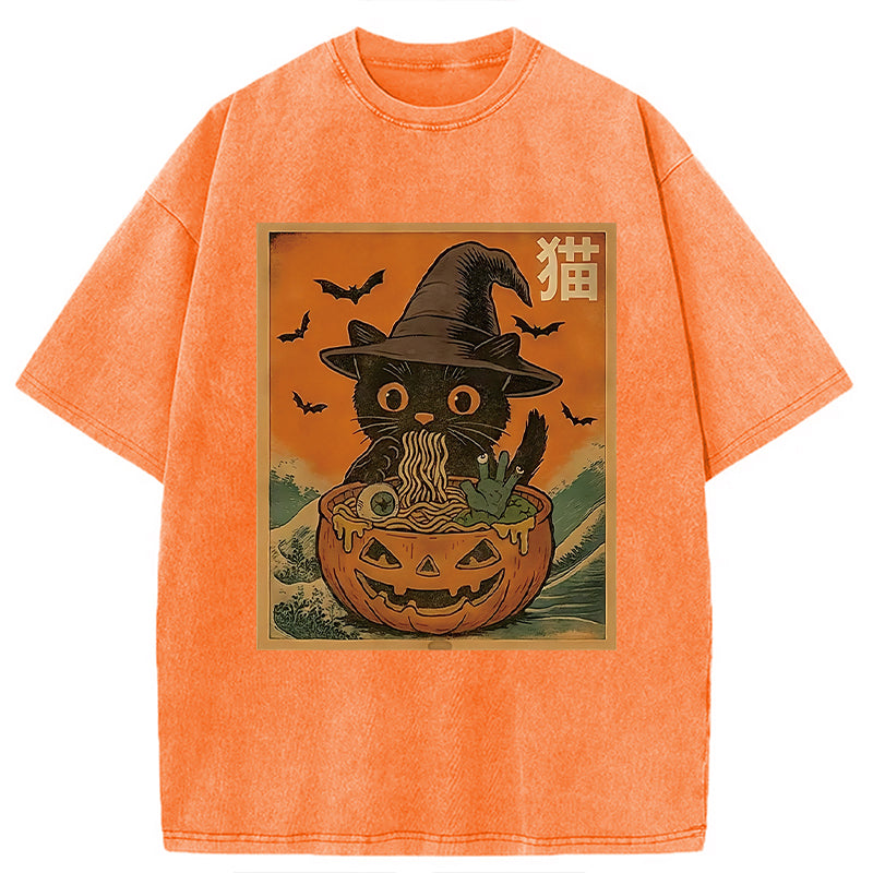 bbb Halloween Cat Eating Ramen Washed T-Shirt