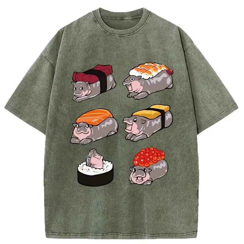 bbb Cute Hippo Sushi Washed T-Shirt