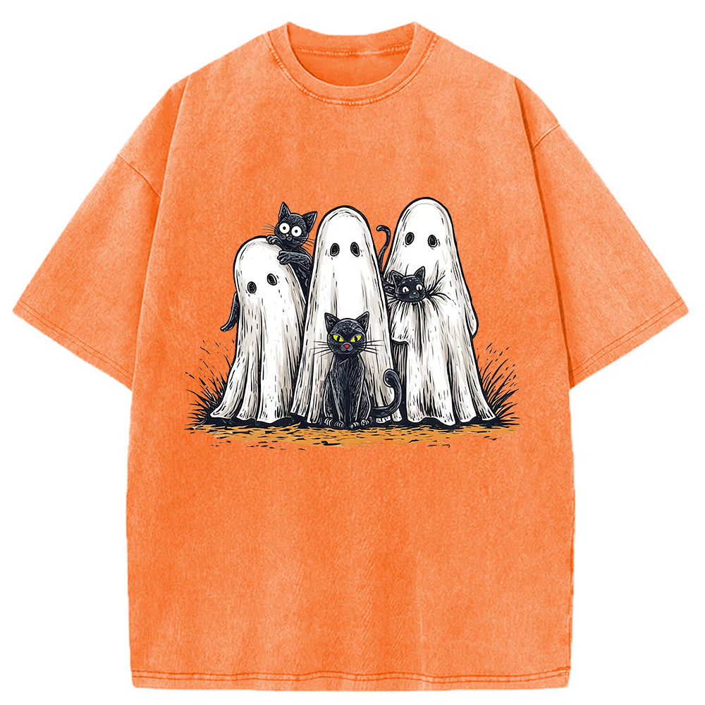 bbb Black Cat Ghost Halloween Washed T-Shirt