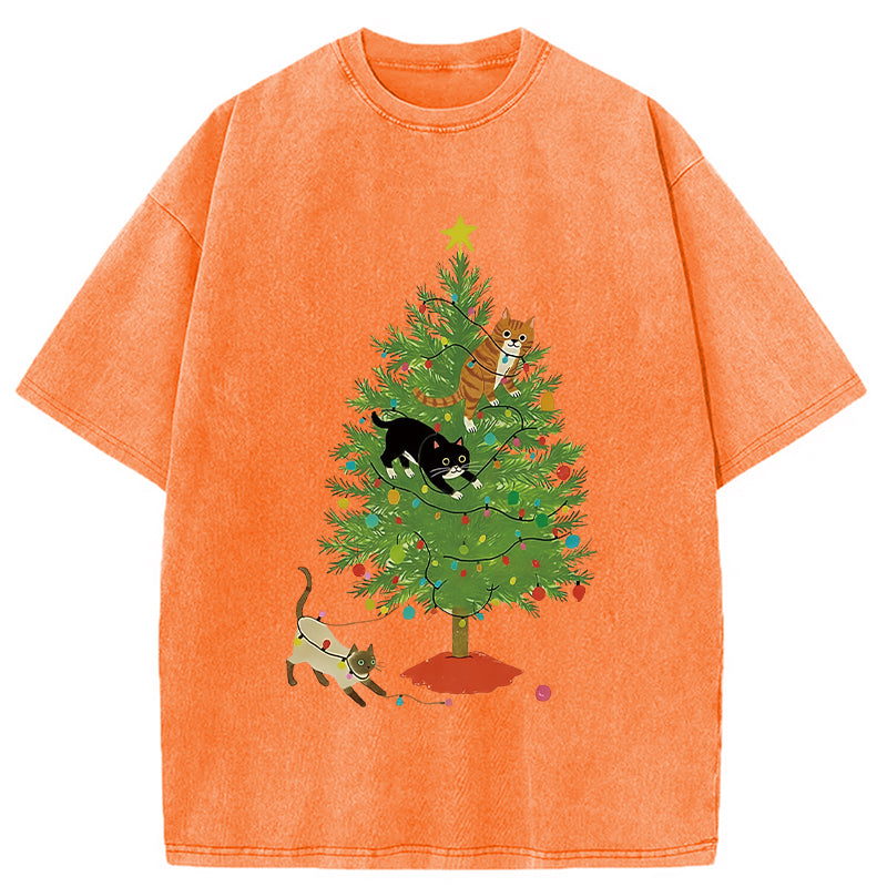 bbb Cats Playing On The Christmas Tree Washed T-Shirt