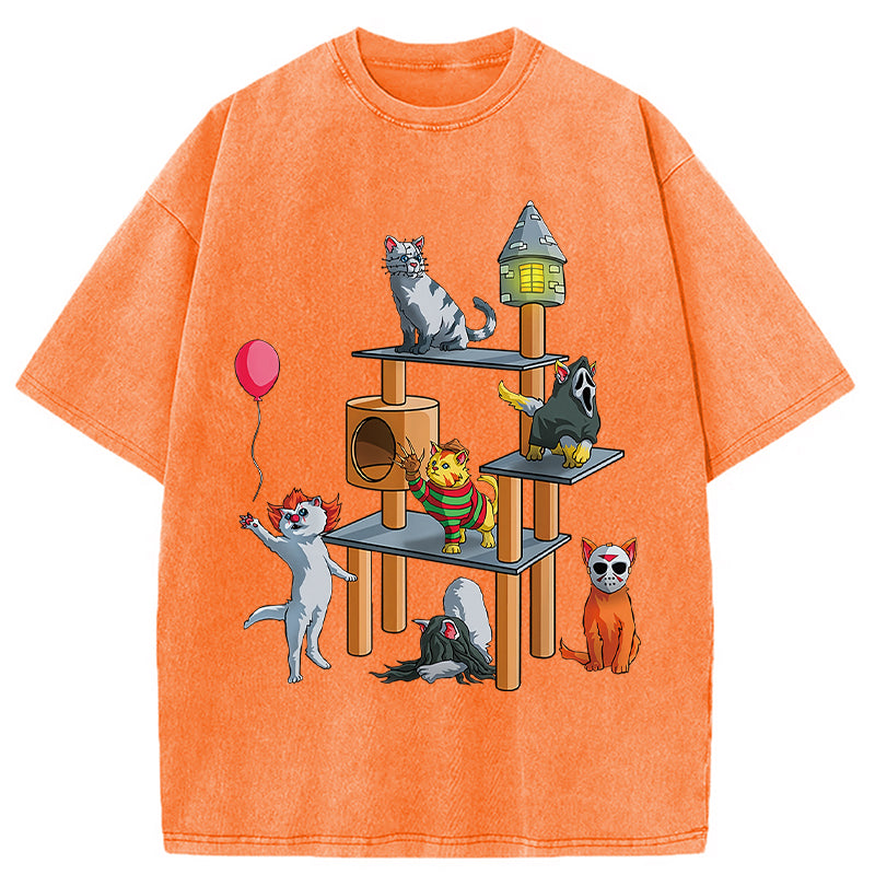 bbb Funny Cat Horror Movies Cute Halloween Washed T-Shirt