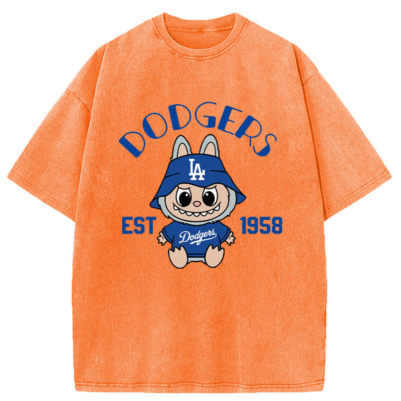 bbb Labubu Dodgers Dream Baseball Vintage Japanese Washed T-Shirt