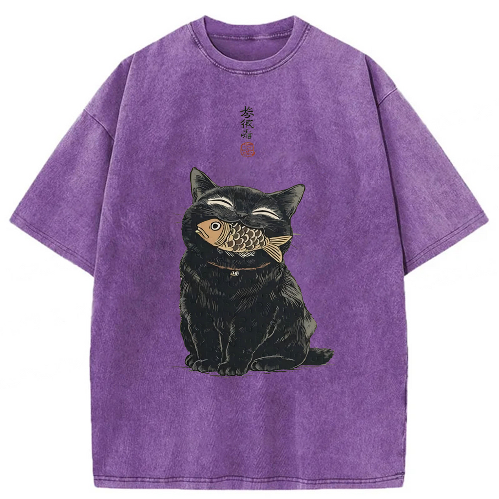 bbb Japanese Smile Black Cat Washed T-shirt