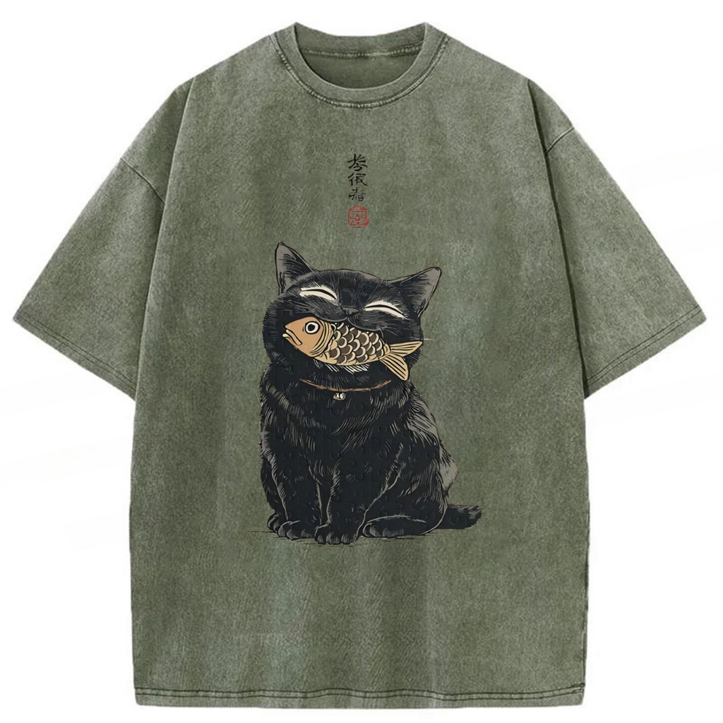 bbb Japanese Smile Black Cat Washed T-shirt