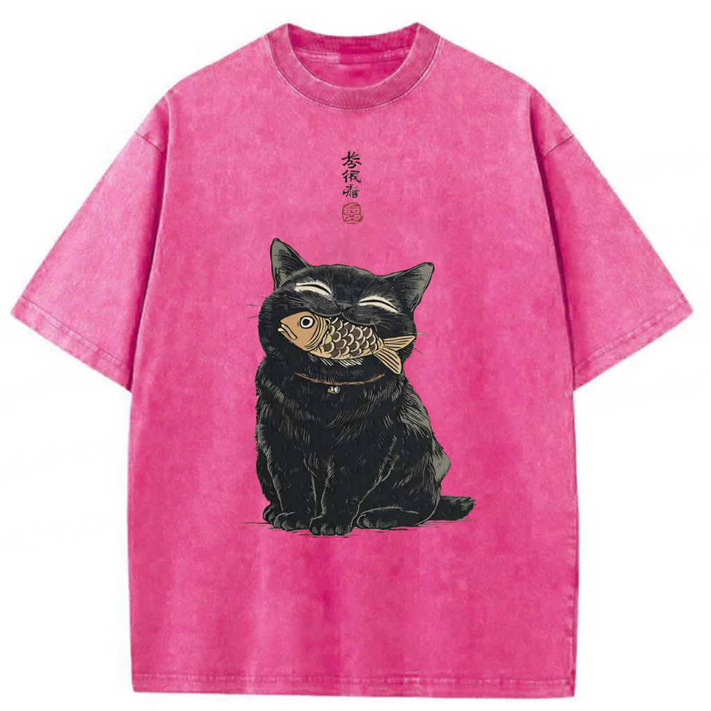 bbb Japanese Smile Black Cat Washed T-shirt