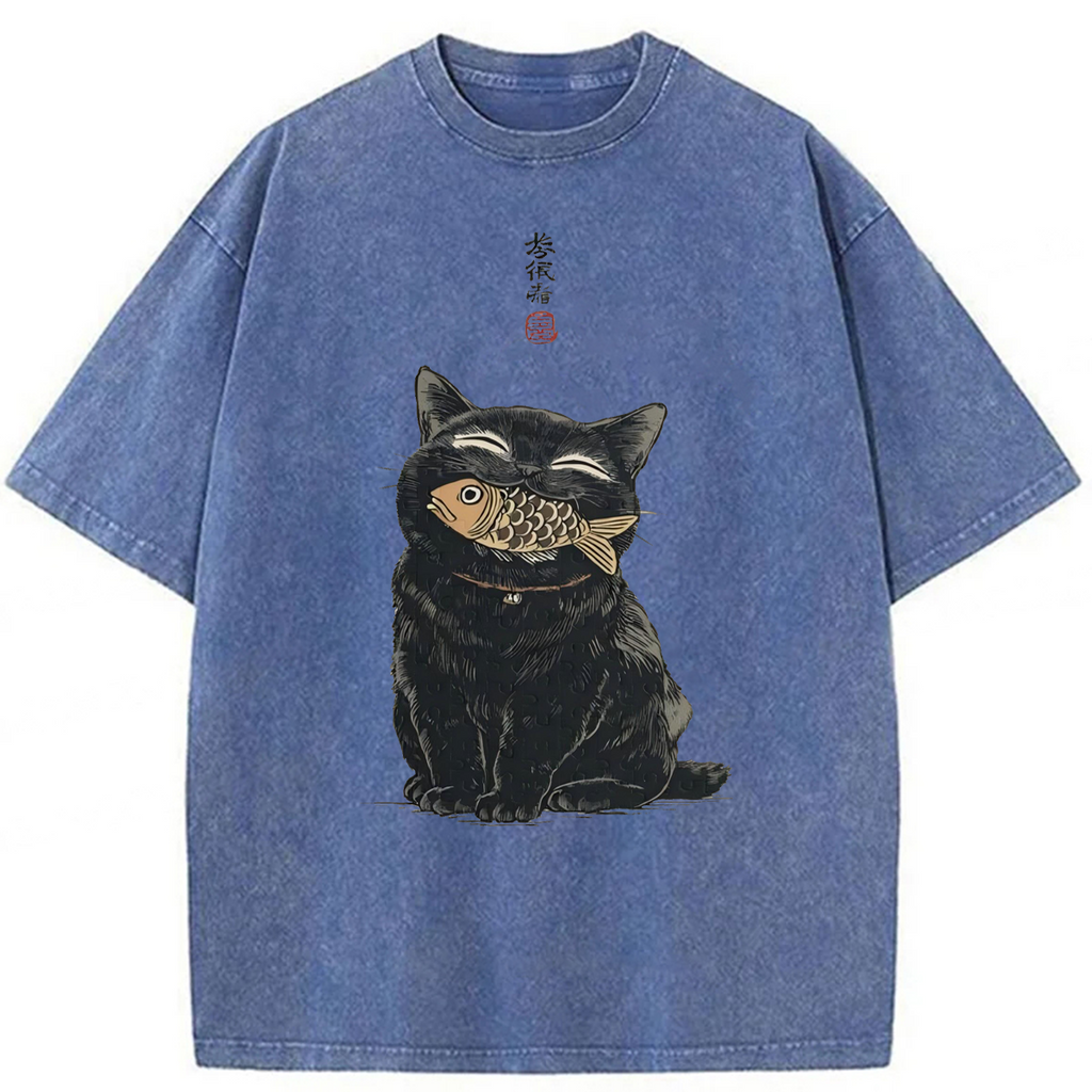 bbb Japanese Smile Black Cat Washed T-shirt