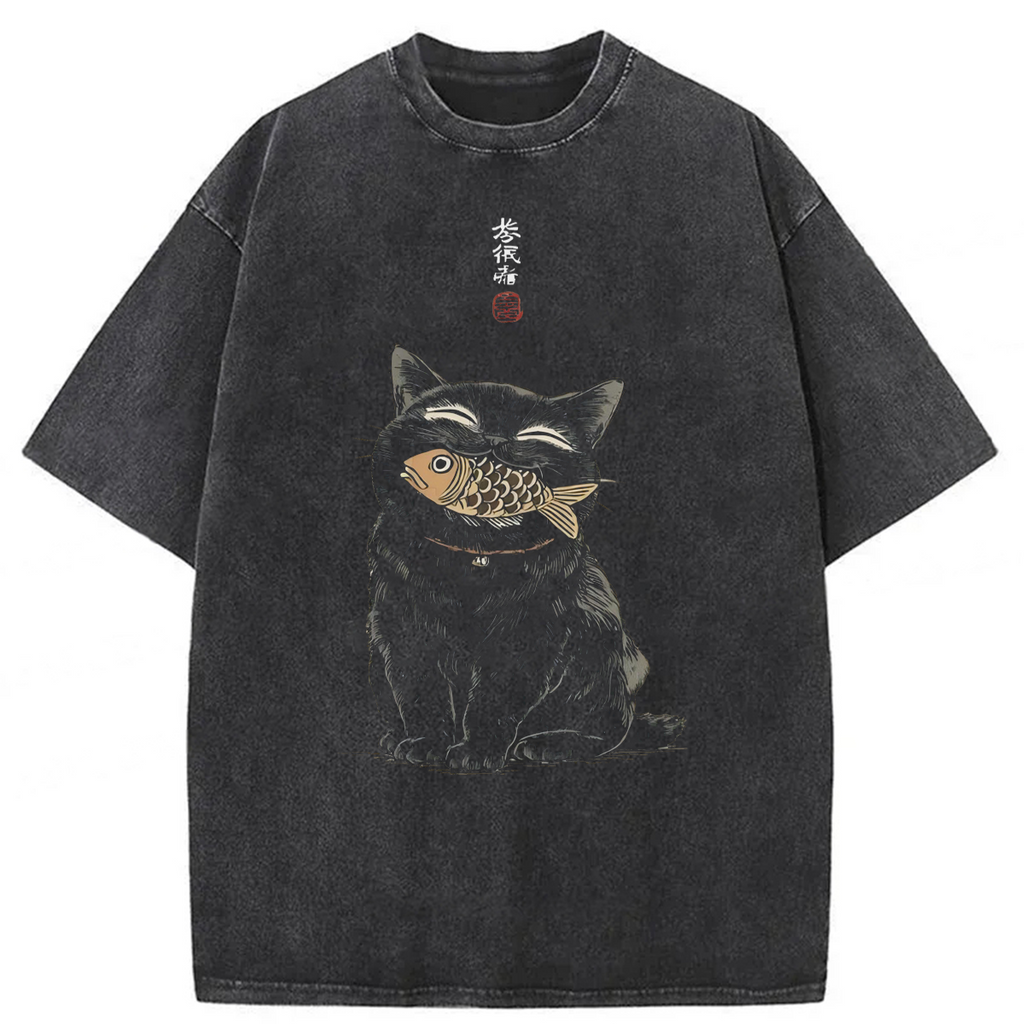 bbb Japanese Smile Black Cat Washed T-shirt