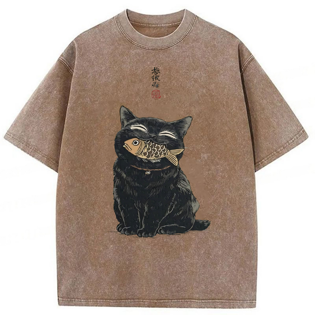 bbb Japanese Smile Black Cat Washed T-shirt