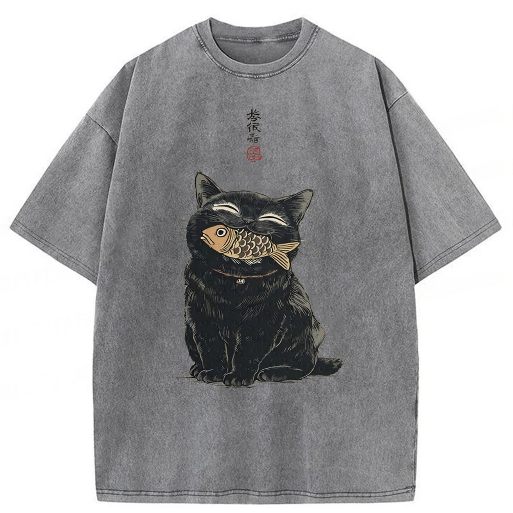 bbb Japanese Smile Black Cat Washed T-shirt