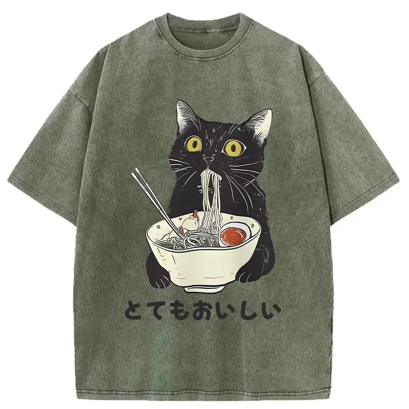 bbb Cats Eat Ramen Noodles Washed T-Shirt