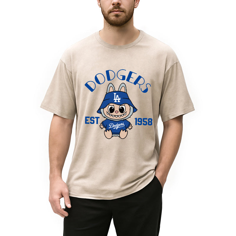 bbb Labubu Dodgers Dream Baseball Vintage Japanese Washed T-Shirt