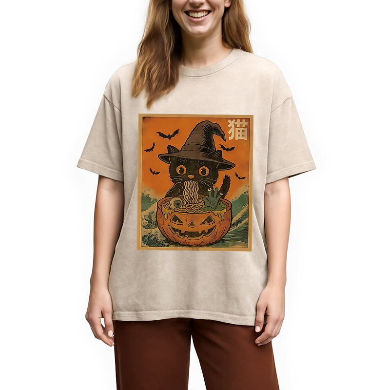 bbb Halloween Cat Eating Ramen Washed T-Shirt