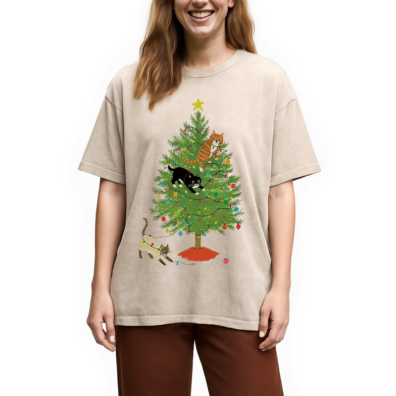 bbb Cats Playing On The Christmas Tree Washed T-Shirt