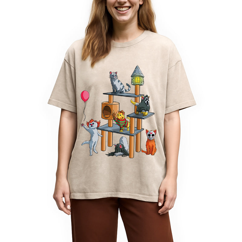 bbb Funny Cat Horror Movies Cute Halloween Washed T-Shirt