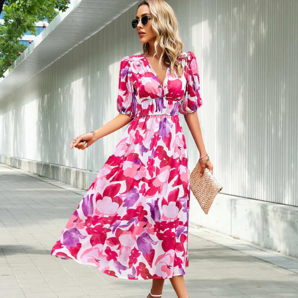 Floral Summer Dress for Women with Puffed Sleeves and V-Neck - Perfect Wedding Guest Dress