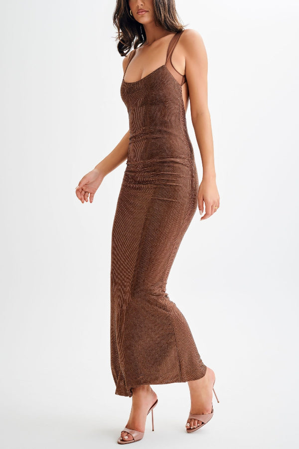 Open Back Sequin Mesh Black Maxi Dress for Women, Ankle-Length Scoop Neck Long Dress with Adjustable Straps