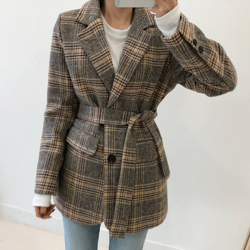 Warm Structured Women's Short Coat - Belted Plaid Wool