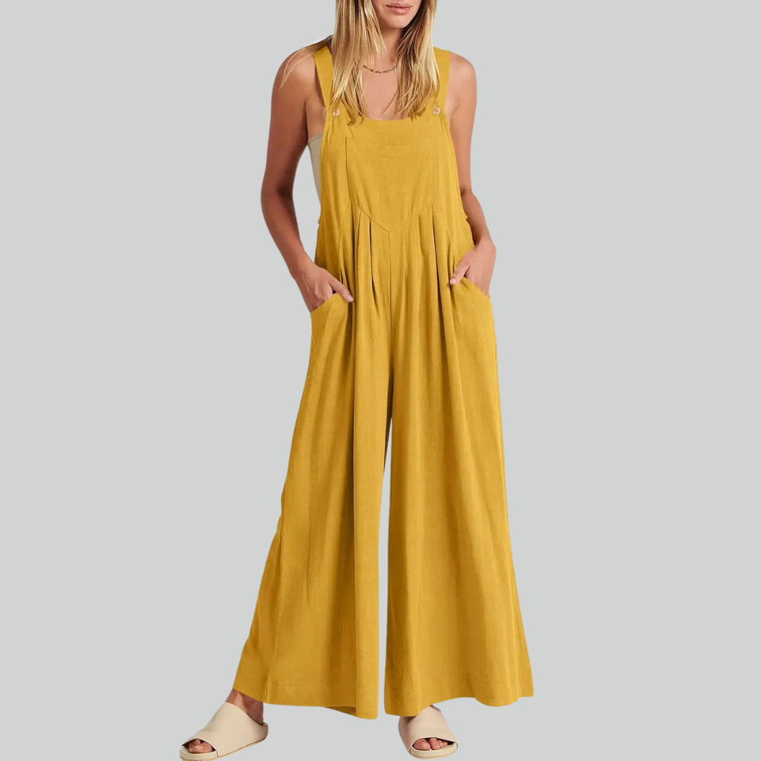 Plus Size Vintage Cotton Linen Wide Leg Overalls Jumpsuit with Pockets