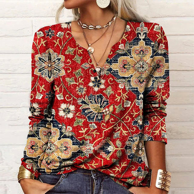 Floral Print Women's Blouse in Cotton-Polyester Blend with V-Neckline for Spring and Autumn Wear