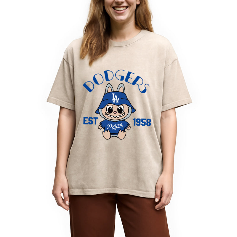 bbb Labubu Dodgers Dream Baseball Vintage Japanese Washed T-Shirt