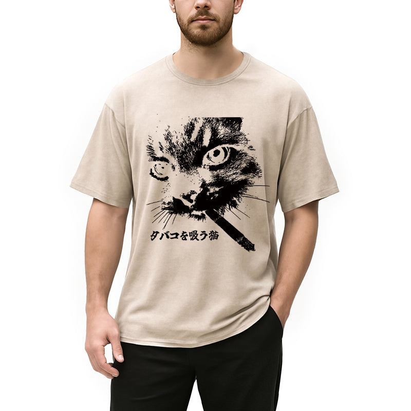 bbb Retro Cat Smoking Washed T-Shirt