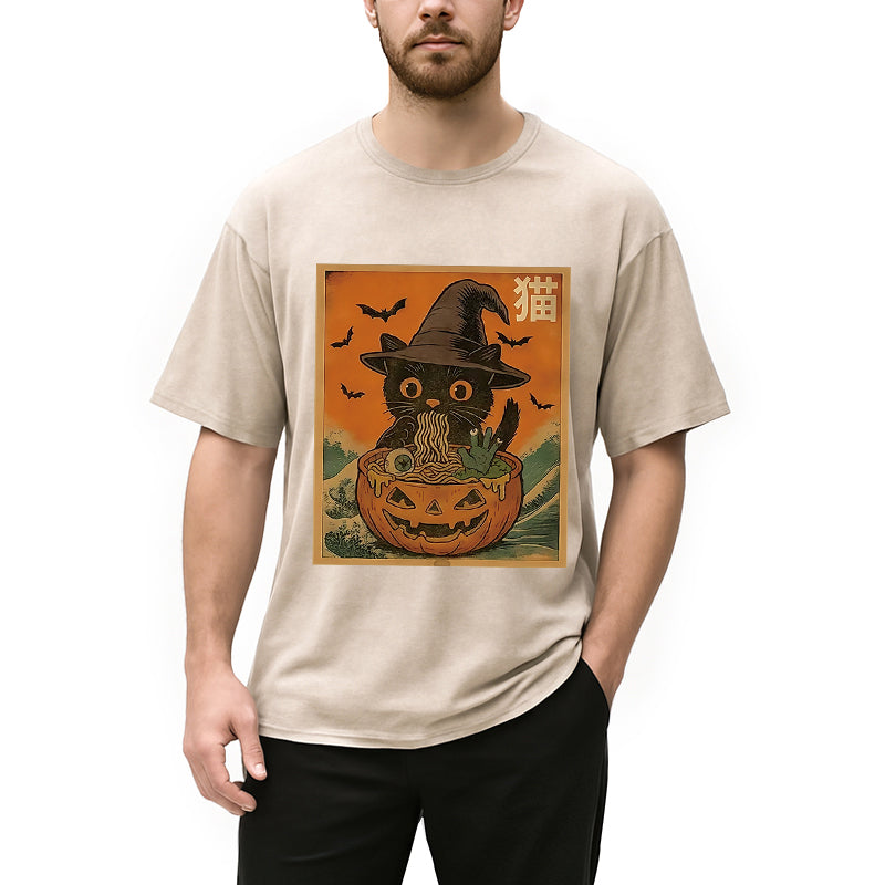 bbb Halloween Cat Eating Ramen Washed T-Shirt