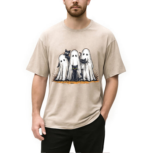 Black Cat Ghost Halloween Washed T-Shirt